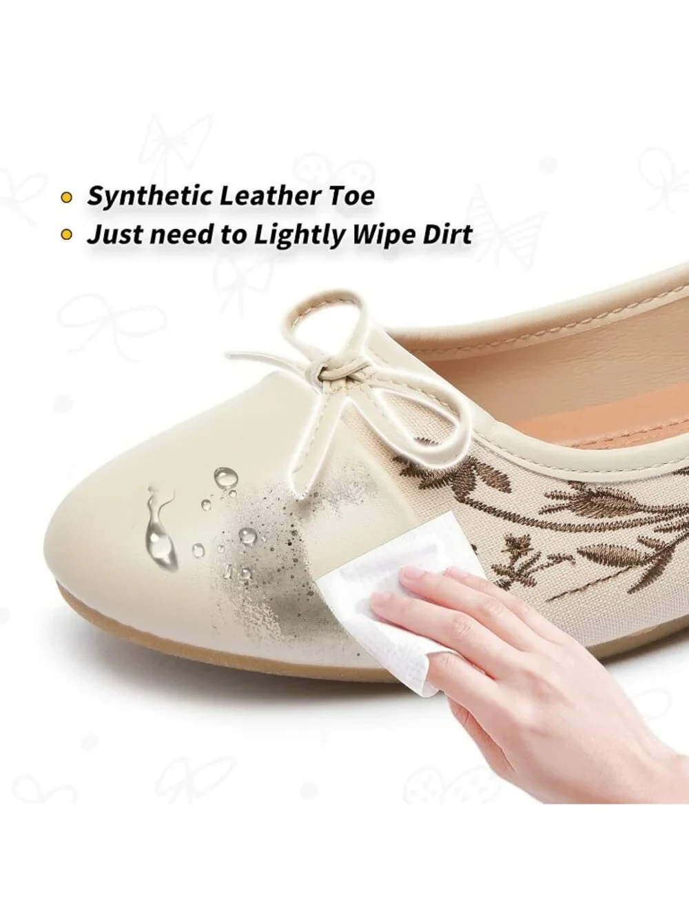 Women's Beige Flats Shoes with Pomegranate Embroidery with Bow Comfortable